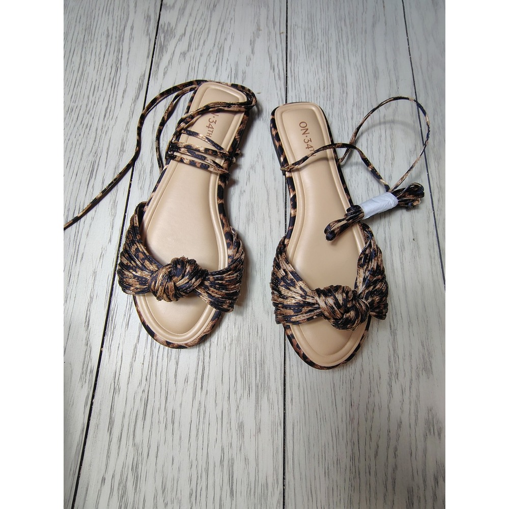 On 34th Jennieef Leopard Print Lace Up Flat Sandals Brown Black 8M New